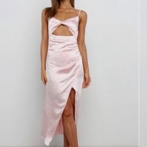 Pink petal and pup satin midi dress with cutout